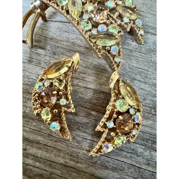 Emmons BOpen Back Rhinestone Lily Flower Brooch Pin Earrings Demi parure - Picture 9 of 10